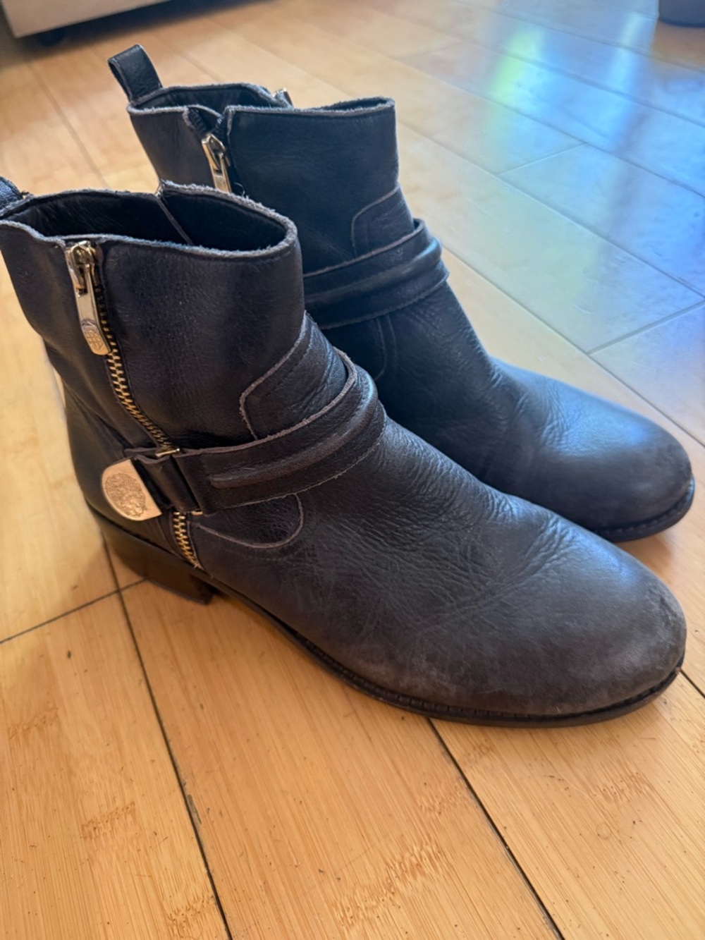Vince Camuto Women’s Brown Leather Ankle Booties with Side Zip and Strap Detail